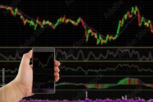 stock chart on computer monitor , hand hold mobile
