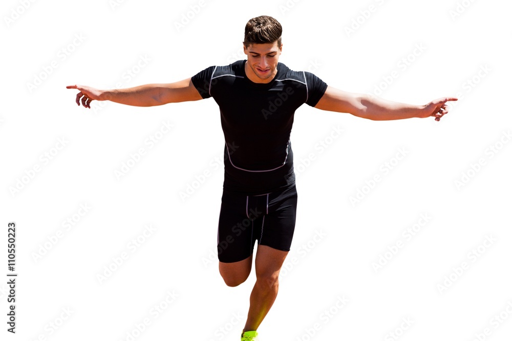 Front view of happy sportsman is running for the victory Front view of happy sportsman is running for the victory