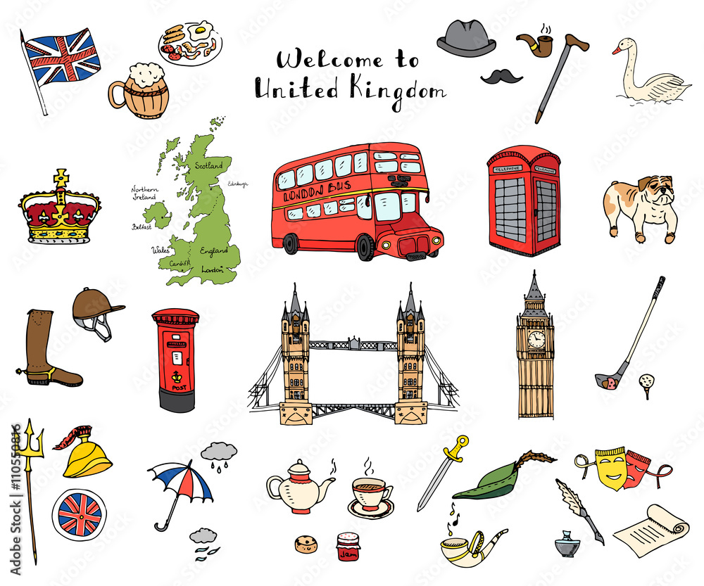 Fototapeta premium Hand drawn doodle United Kingdom set Vector illustration UK icons Welcome to London elements British symbols collection Tea Bus Horse riding Golf Crown Beer Lion Bulldog London bridge Big Ben Tower