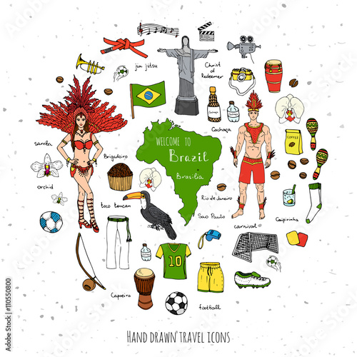 Hand drawn doodle Welcome to Brazil set Vector illustration Sketchy Brazilian traditional icons Cartoon Brazil typical elements collection Landmark Football ball cleats goal Capoeira Samba Orchid