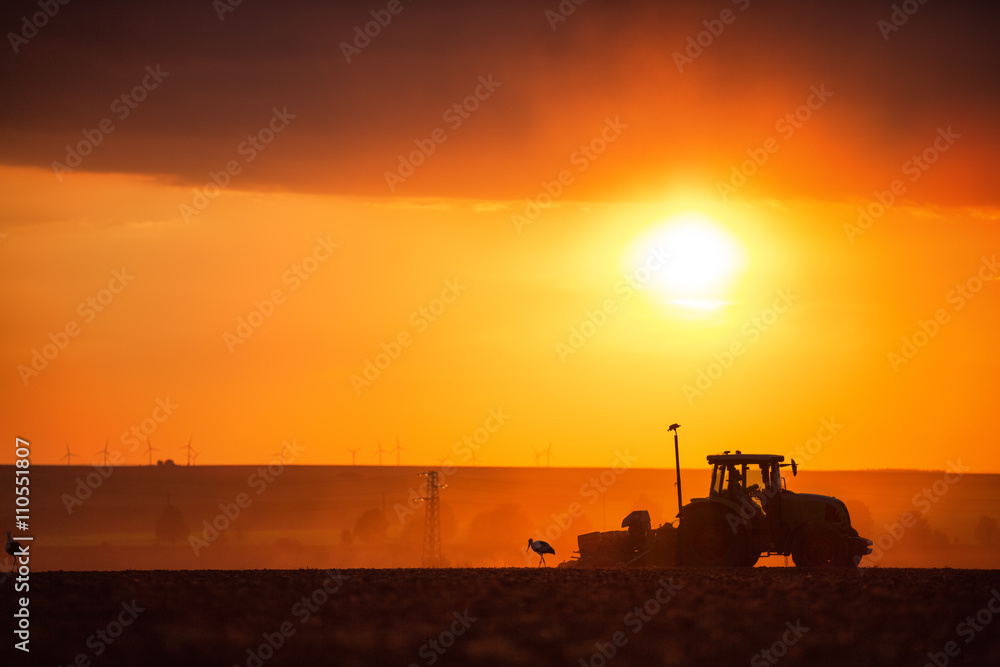 Fototapeta premium Farmer in tractor preparing land with seedbed cultivator