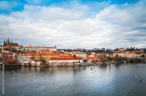 Old Town ancient architecture and river pier in Prague, Czech Re