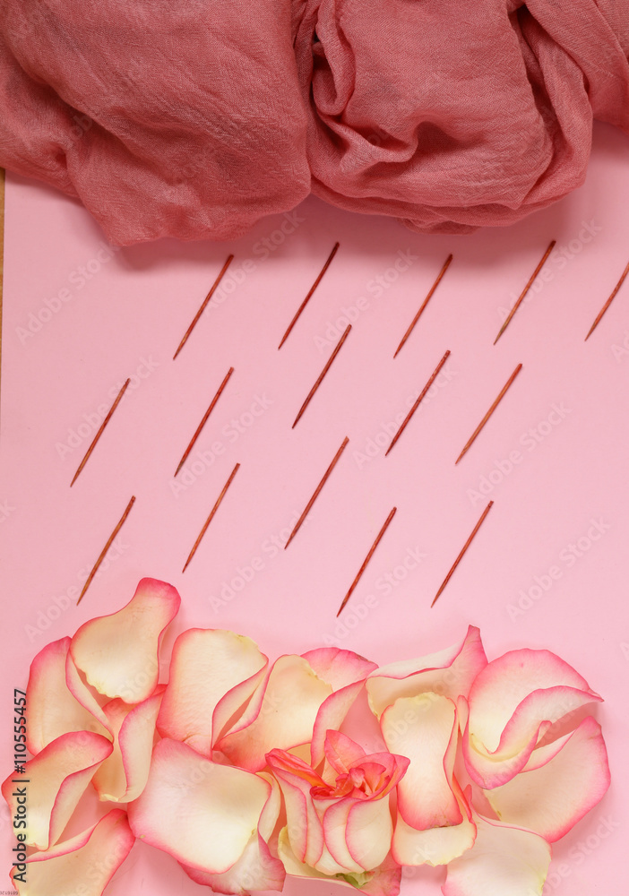 Composition with pink roses, petals and flowers - obrazy, fototapety, plakaty 