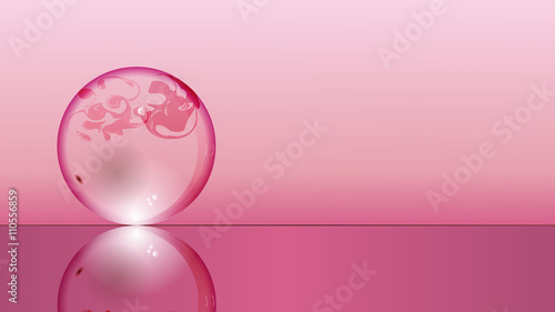 Glass transparent ball on pink background and mirror surface. Texture