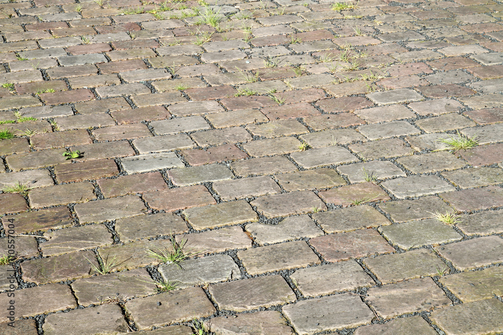 altes Kopfsteinpflaster mit Gras Stock-Foto | Adobe Stock