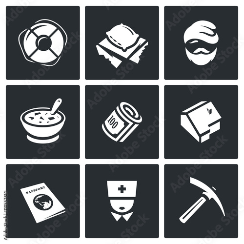 Vector Set of Homeless Icons. Help, Homelessness, Tramp, Food, Benefit, Housing, Document, Medical, Employment.