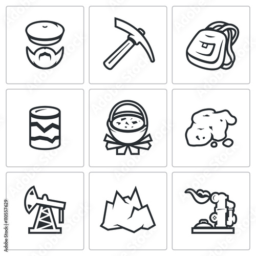 Vector Set of Geology Icons. Geologist, Instrument, Journey, Research, Nutrition, Gold, Oil, Landscape, Gas.