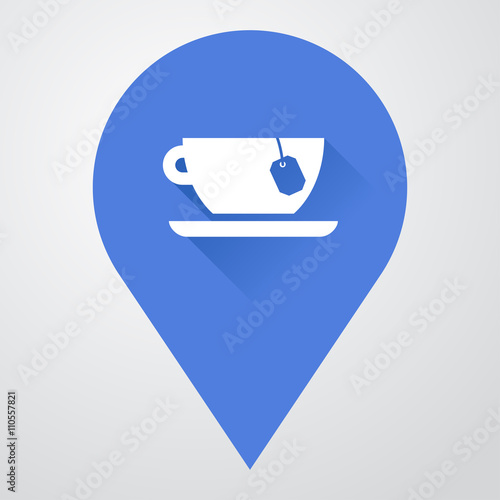 Icono plano localizacion con taza de te con sombra
