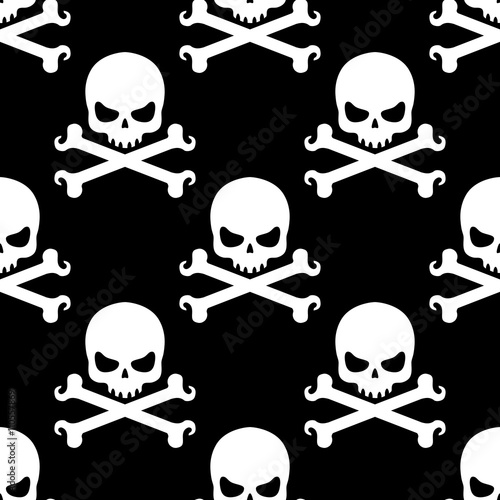 Icono plano patrón con craneo con tibias sobre fondo negro