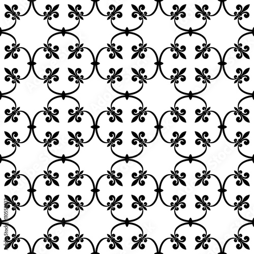 Forged seamless pattern of black fleur-de-lis on a white background. Openwork metal fence design. Modern style for wallpaper  wrapping  fabric  background  apparel  other print production. Vector