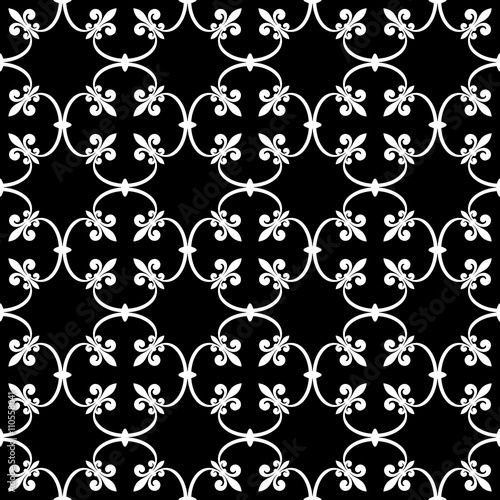 Forged seamless pattern of white fleur-de-lis on a black background. Openwork metal fence design. Modern style for wallpaper, wrapping, fabric, background, apparel, other print production. Vector