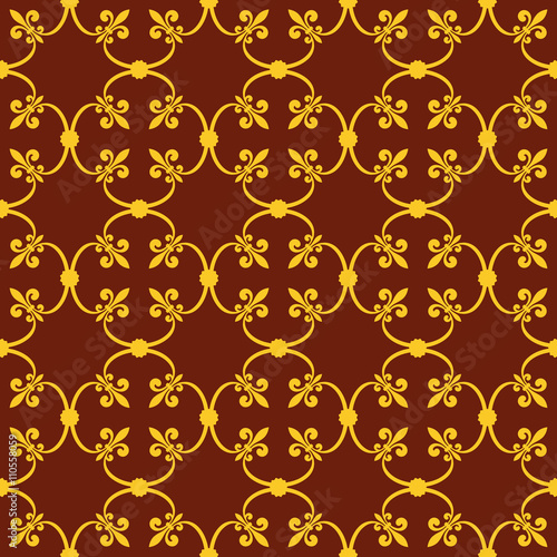 Forged seamless pattern of gold fleur-de-lis on a brown background. Openwork metal fence design. Modern style for wallpaper, wrapping, fabric, background, apparel, other print production. Vector