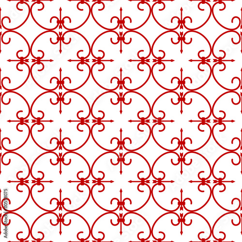 Forged seamless pattern. Elegant red curly forging on white background. Openwork metal fence design. Modern style for wallpaper, wrapping, fabric, background, apparel, other print production. Vector
