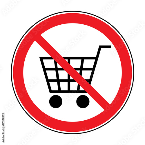 No Shopping Cart Sign. Red round No Shopping Cart icon. Illustration of a forbidden signal. No trolley allowed symbol. Prohibited symbol isolated on white background. Flat design. Stock Vector