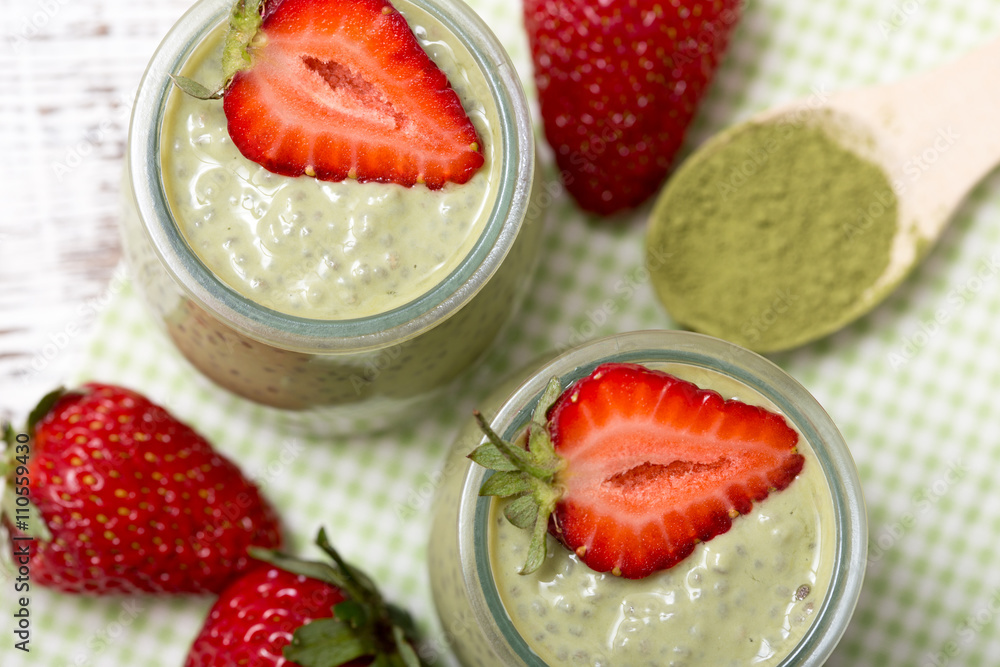 Matcha green tea chia seed pudding, dessert with fresh mint and Matcha green tea chia seed pudding, dessert with fresh mint and