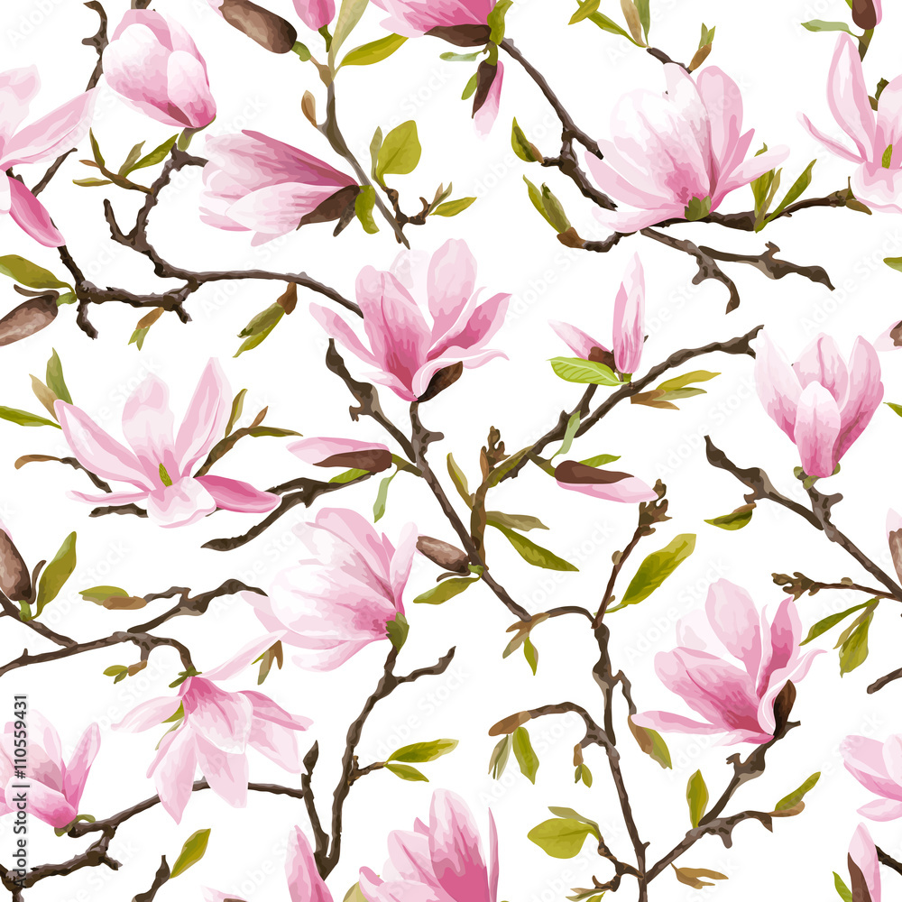 Naklejka premium Seamless Floral Pattern. Magnolia Flowers and Leaves Background.