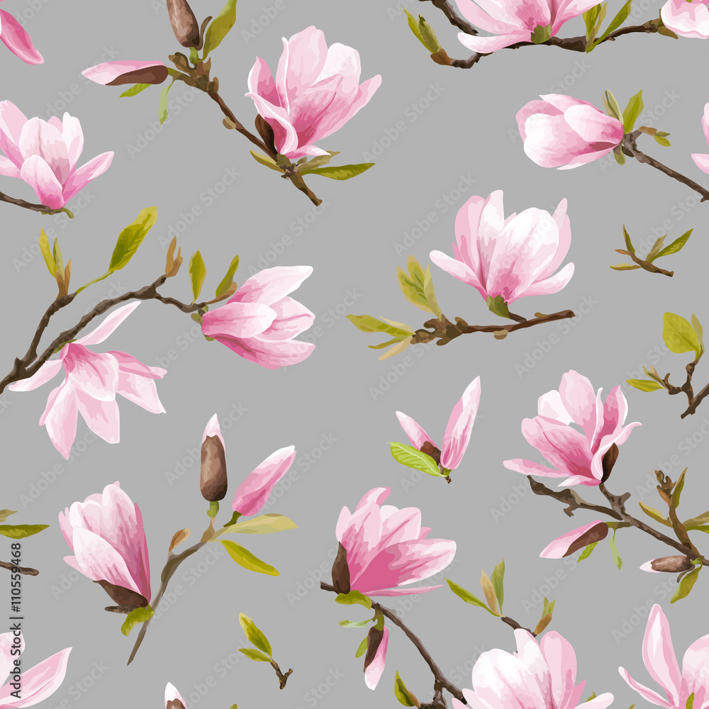 Naklejka premium Seamless Floral Pattern. Magnolia Flowers and Leaves Background.