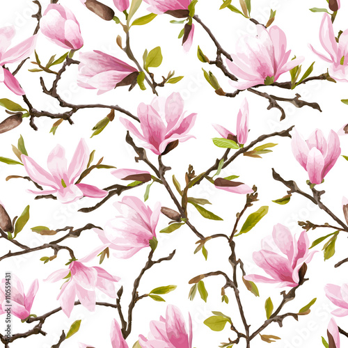 Seamless Floral Pattern. Magnolia Flowers and Leaves Background.