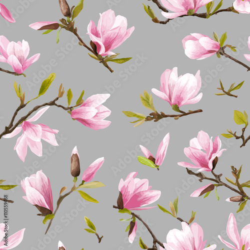 Seamless Floral Pattern. Magnolia Flowers and Leaves Background. © wooster