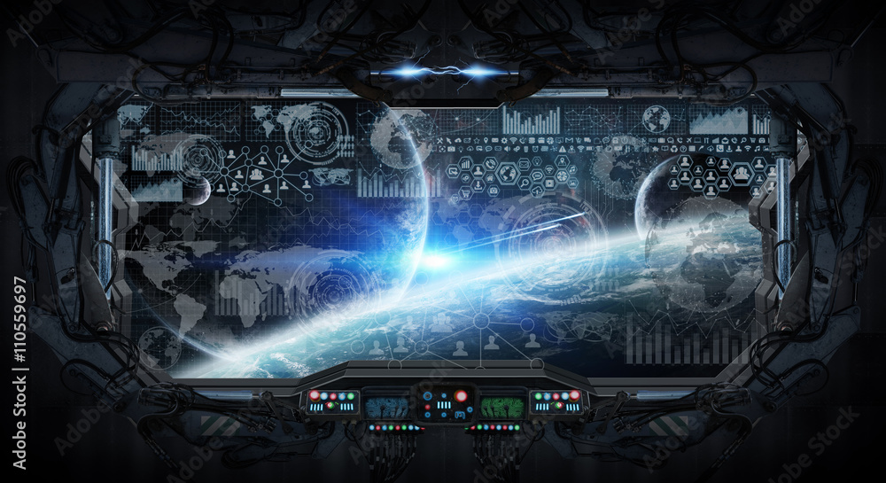 Fototapeta premium Window view of space and planets from a space station