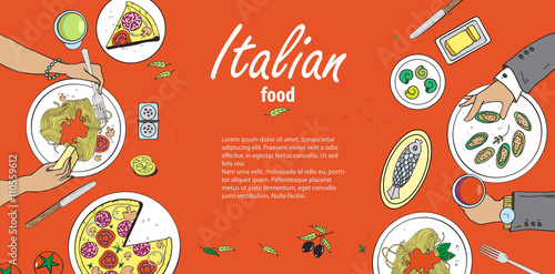 Vector cooking banner template with hand drawn objects on italian food theme: pizza, pasta, tomato, olive oil, olives, cheese, lemon, sauce. Ethnic cuisine concept. Italian cuisine hand drawn objects