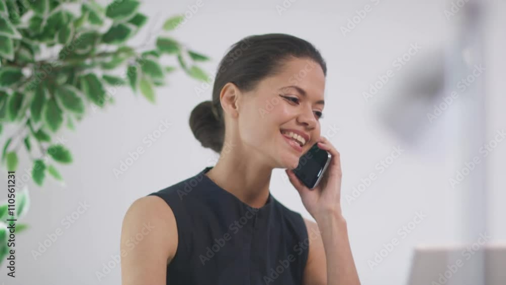 Businesswoman in office working on laptop computer & making phone call. Businesswoman in office working on laptop computer & making phone call.