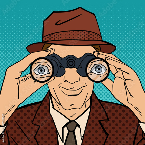 Detective with Binoculars. Man in Hat Spying for Somebody. Vintage Detective