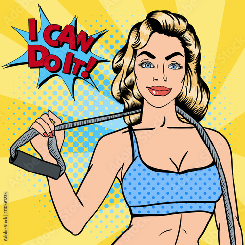 Woman with Sport Equipment. Fitness Girl. Athletic Woman. Pop Art