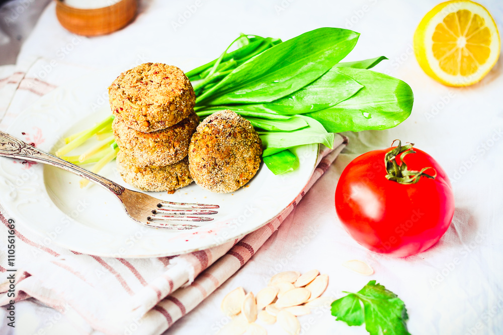 lentil cutlets with paprika and porridge, greens, tomato, vegan lentil cutlets with paprika and porridge, greens, tomato, vegan