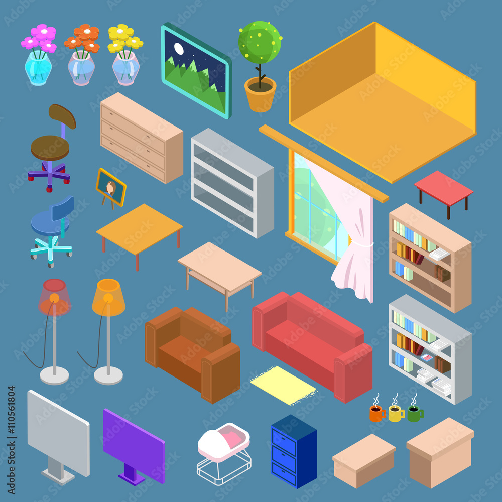Isometric Furniture. Isometric Living Room Planning. Isometric Interior Objects