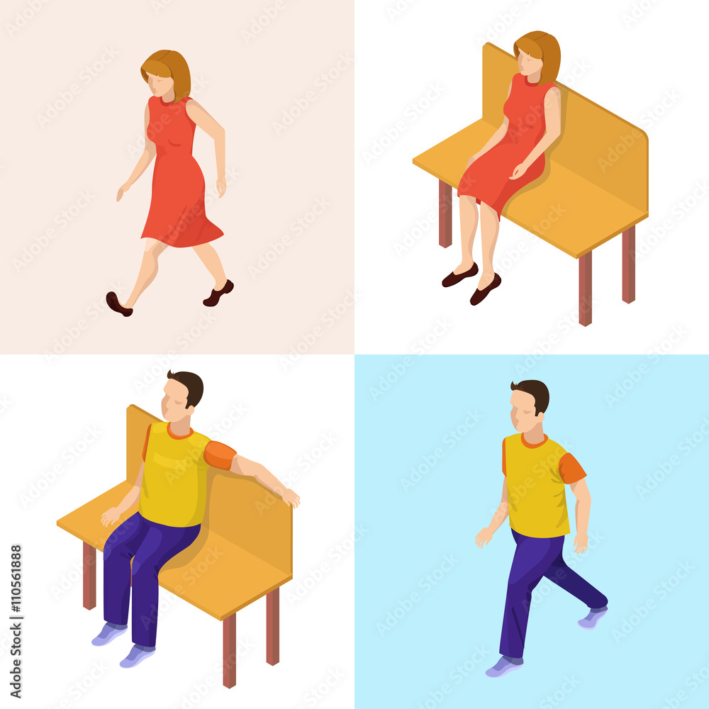 Isometric People. Walking Woman and Man. Woman and Man Sitting on the Bench
