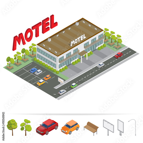 Isometric Building. Motel with Parking. Isometric Motel. Vector