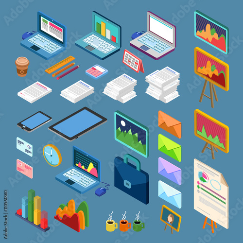 Isometric Office Objects. Business Elements Set. Isometric Interior