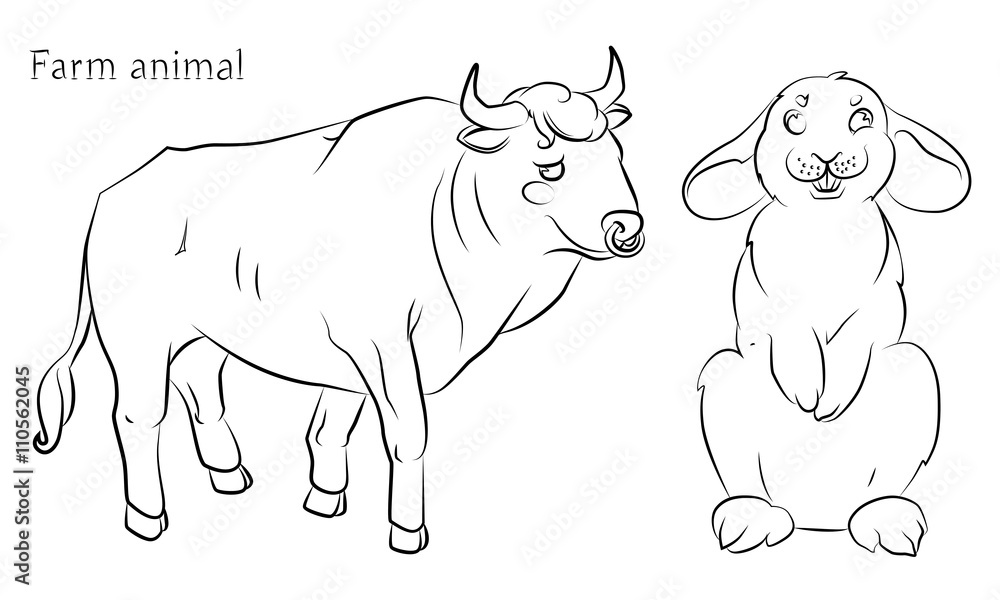 black and white image of a bull and rabbit