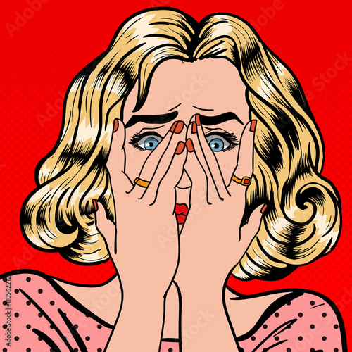 Shocked Woman. Woman Closes Eyes with Her Hands. Pop Art. Vector