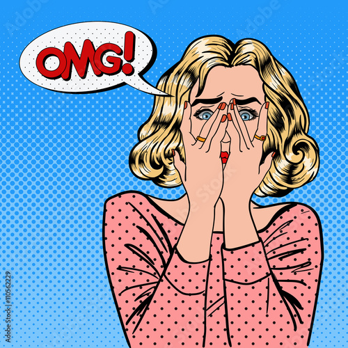 Shocked Woman. Woman Closes Eyes with Her Hands. Pop Art. Vector