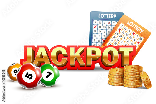 Lottery Jackpot background with coins, balls and tickets.