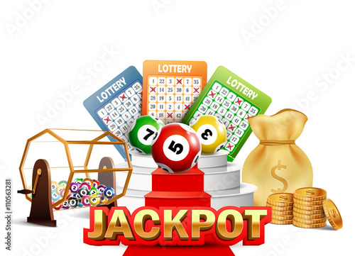 Lottery Jackpot with tickets, wheel, coins and balls.