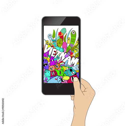 Isolation man hand holding the phone and monster. hello vietnam