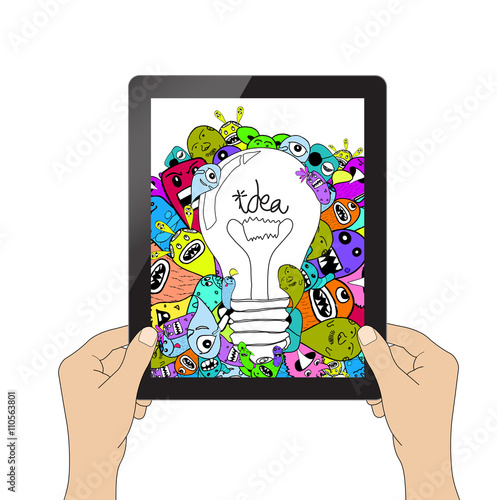 Isolation man hand holding the tablet and Monster idea