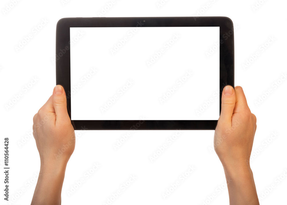 Tablet with blank screen in female hands on white Tablet with blank screen in female hands on white