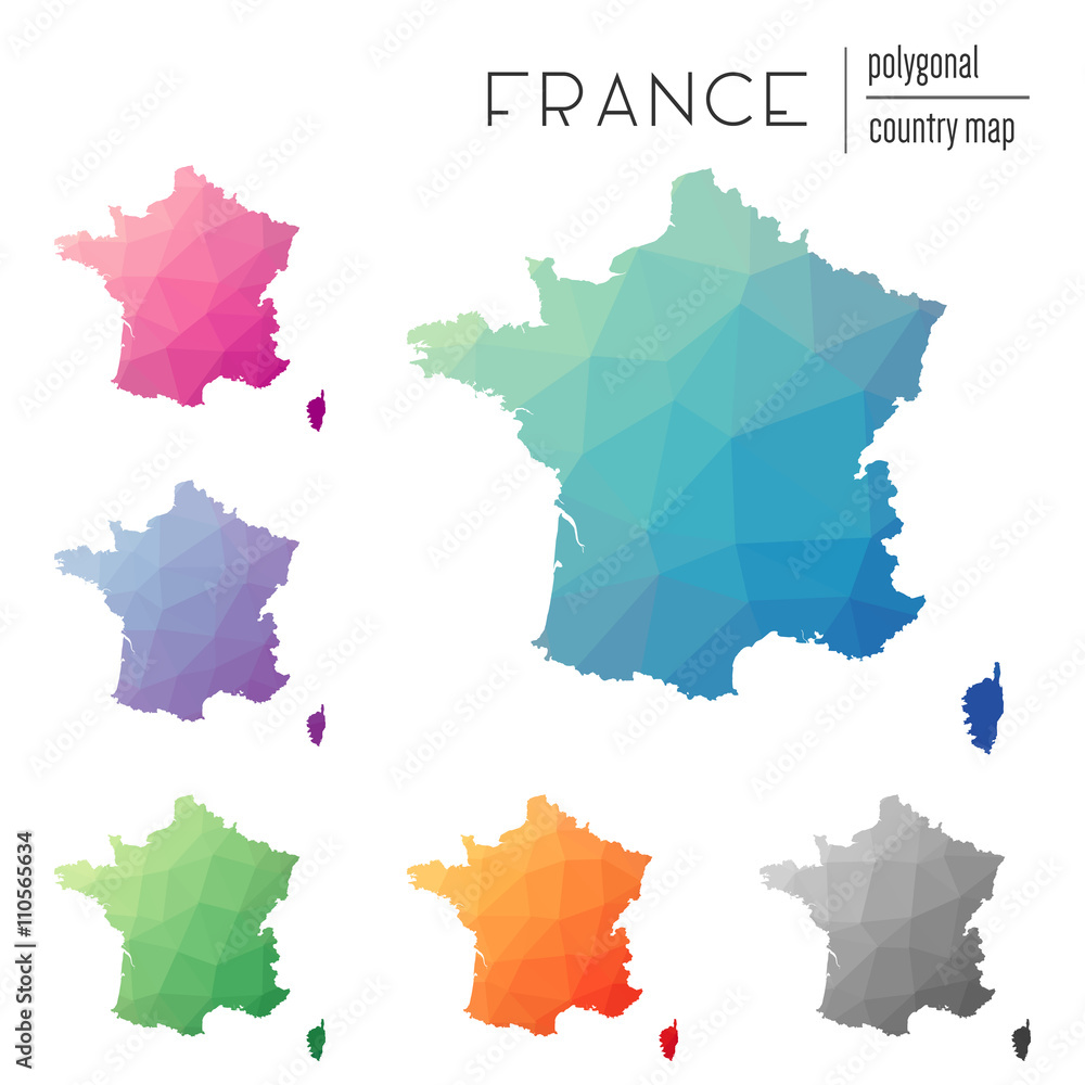 Fototapeta premium Set of vector polygonal France maps. Bright gradient map of country in low poly style. Multicolored France map in geometric style for your infographics.