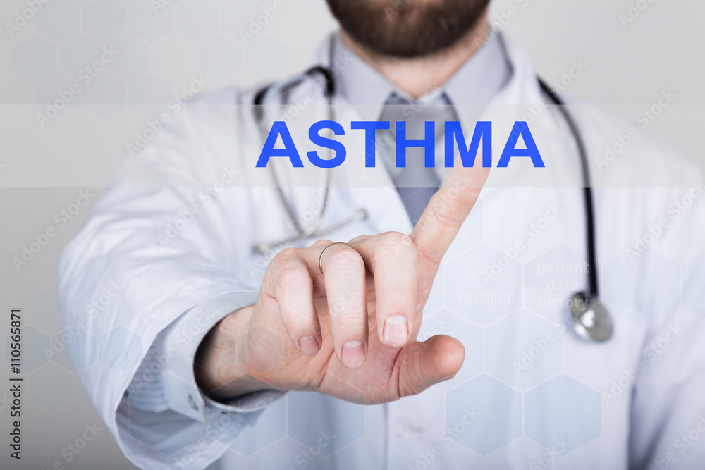 technology, internet and networking in medicine concept - medical doctor presses asthma button on virtual screens. Internet technologies in medicine technology, internet and networking in medicine concept - medical doctor presses asthma button on virtual screens. Internet technologies in medicine