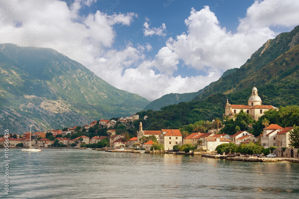 Montenegro, Bay of Kotor. View of Prcanj town and Birth of Our Lady church.