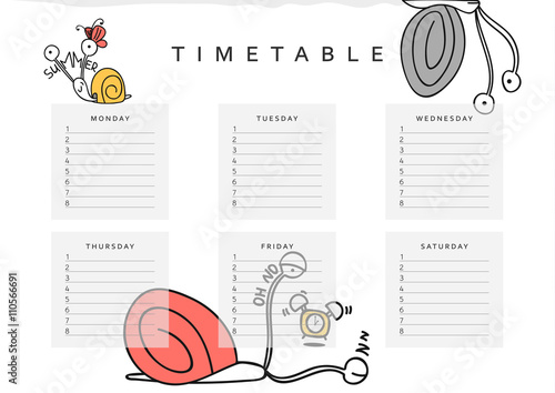School schedules . School timetable with a funny snail doodle. Sheet schedules