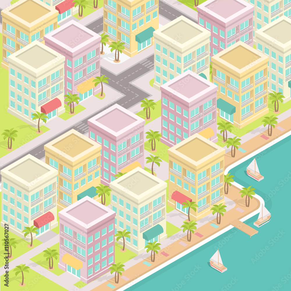 Vector Illustration of Isometric City by the Beach. 