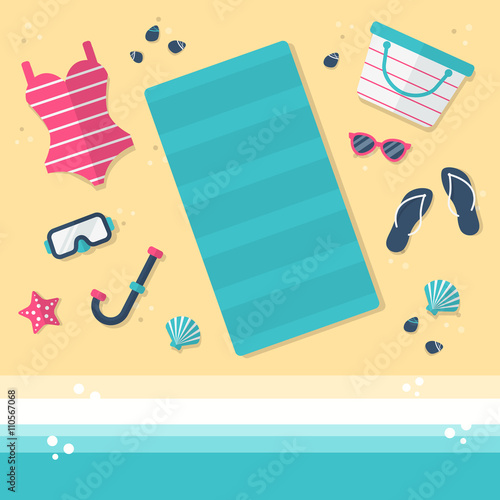 Top View of a Beach with Beach Towel, Bikini, Sunglasses, Beach Bag, Diving Mask, Seashells, Flip Flops and Pebbles. Flat Design Style