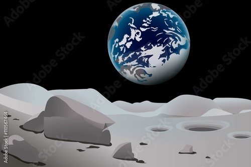 Moon surface. Blue earth seen from the moon. Vector illustration.