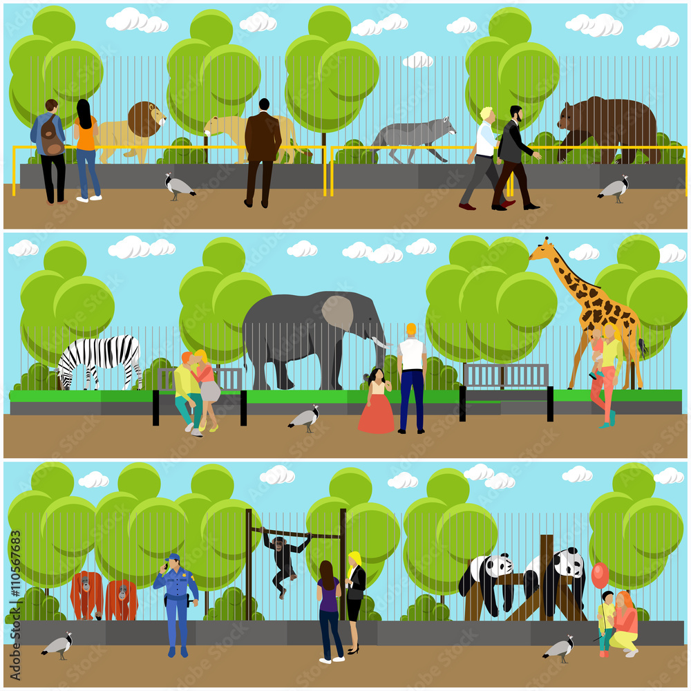 Zoo concept banners. People visiting zoopark with family and kids ...