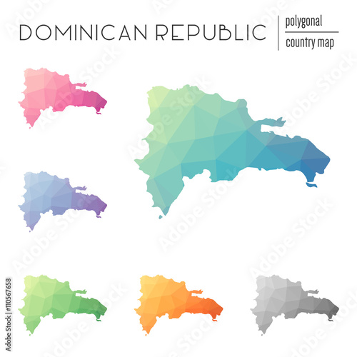 Set of vector polygonal Dominican Republic maps. Bright gradient map of the country in low poly style. Multicolored Dominican Republic map in geometric style for your infographics.